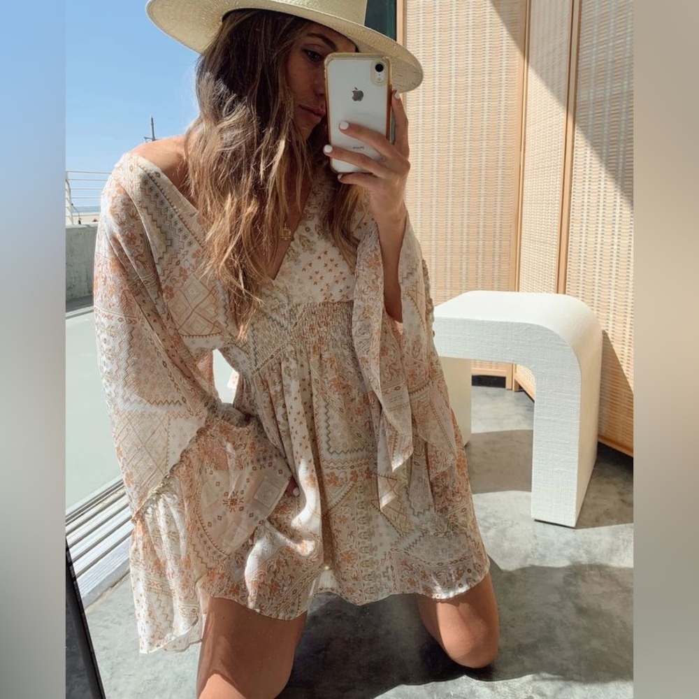 12th Tribe Cream and Tan Printed Mini Dress